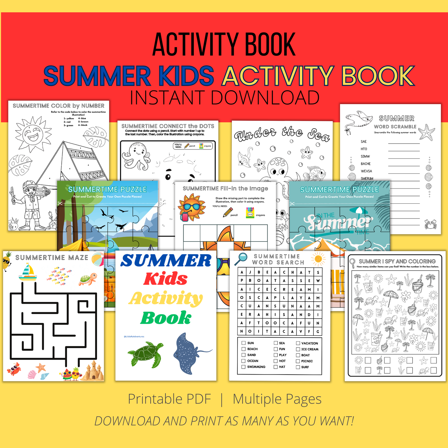 Summer Activity Coloring and Word Search Book Digital Download