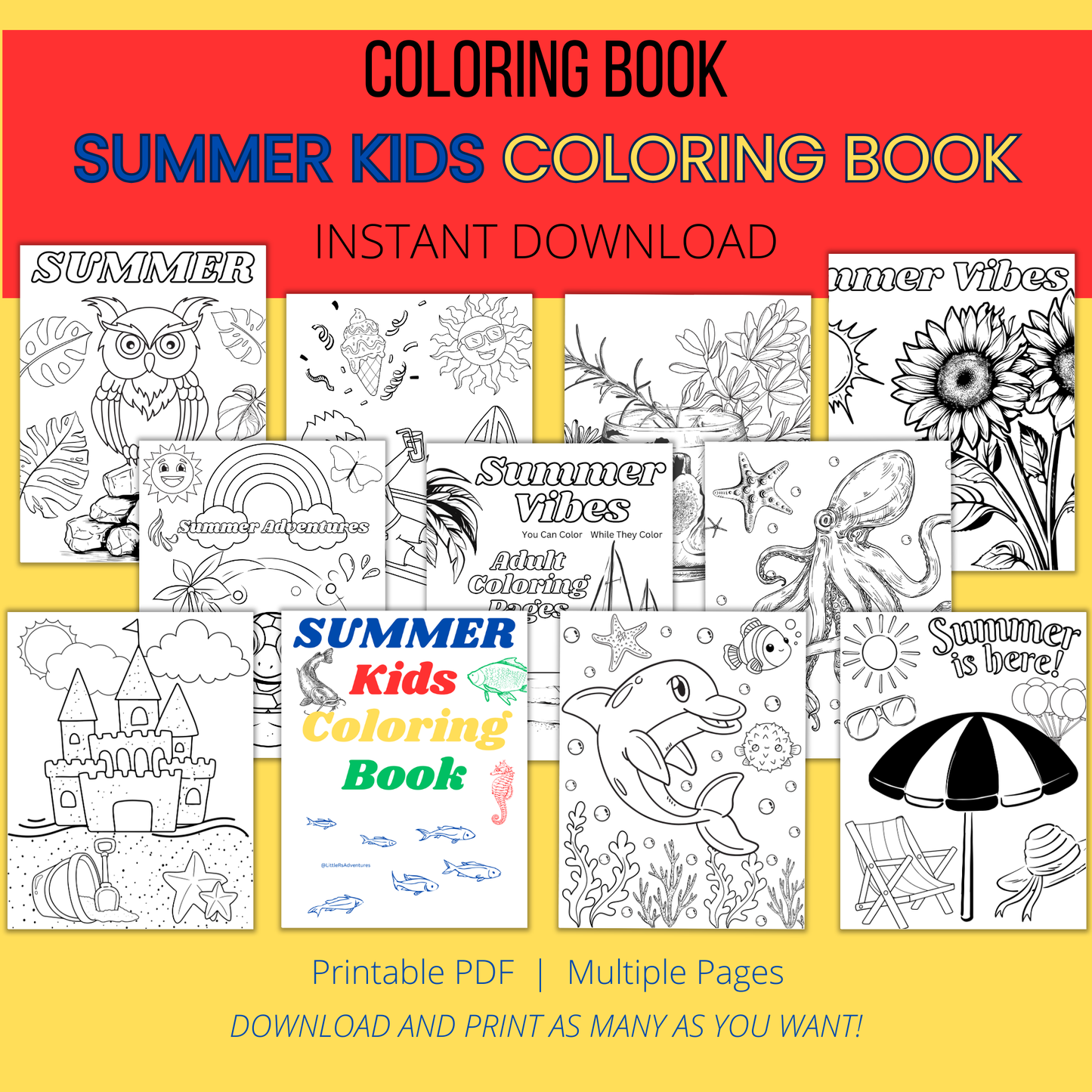 Summer Activity Coloring and Word Search Book Digital Download