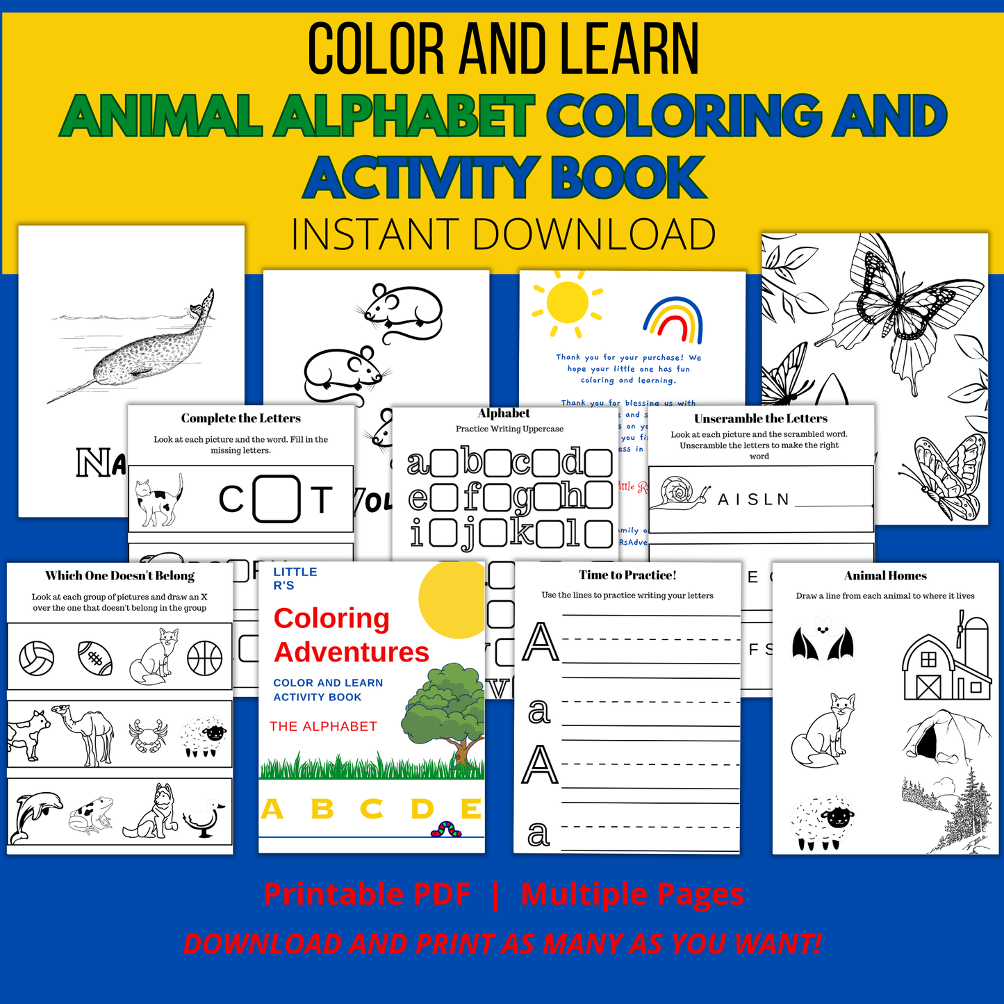Animal Alphabet Coloring and Activity Printable Book