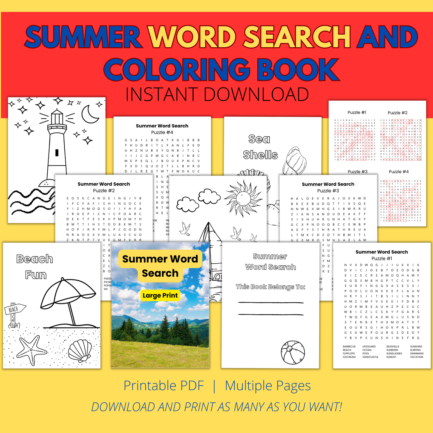 Summer Activity Coloring and Word Search Book Digital Download