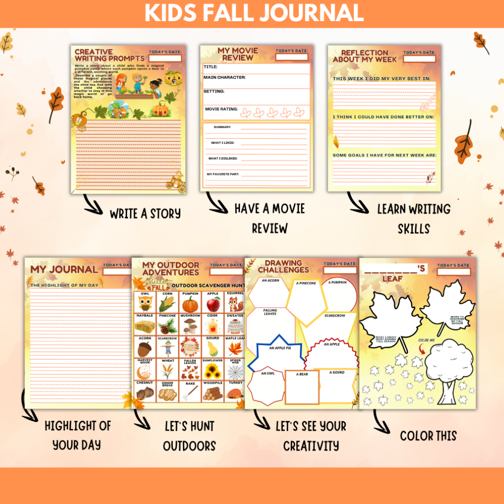 Kids Fall Printable Journal | Writing Prompts, Activities & Coloring